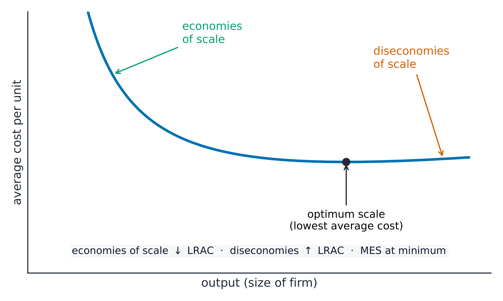 U-shaped average cost curve falling on the left (economies of scale), reaching a lowest point (optimum scale), then rising on the right (diseconomies of scale)
