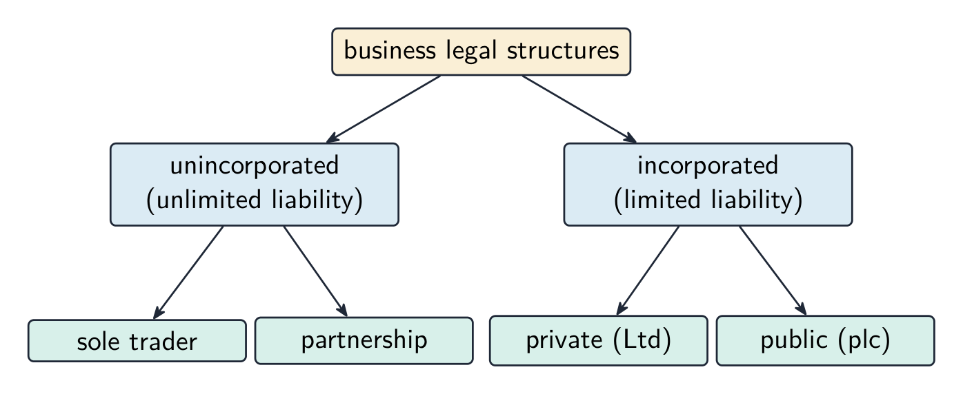 Tree classifying business legal structures into unincorporated (sole trader, partnership) with unlimited liability and incorporated (private Ltd, public plc) with limited liability