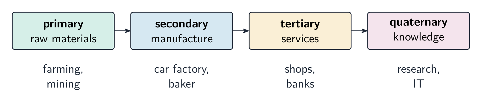 Four boxes in a row — primary, secondary, tertiary, quaternary — linked by arrows, with an example under each