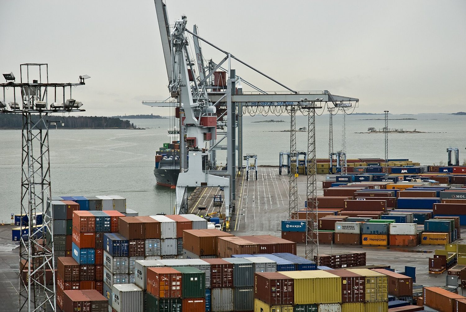 Stacked shipping containers at a port