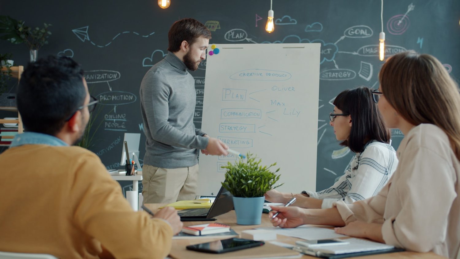 A team leader presents the plan to colleagues at a whiteboard