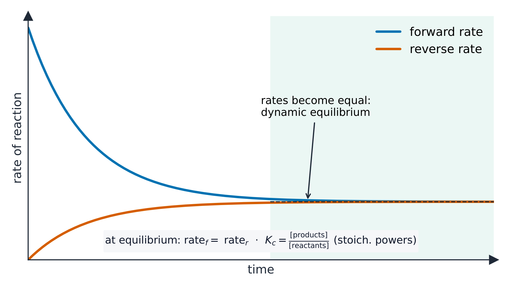 A graph where the forward rate falls and the reverse rate rises until the two meet and stay equal