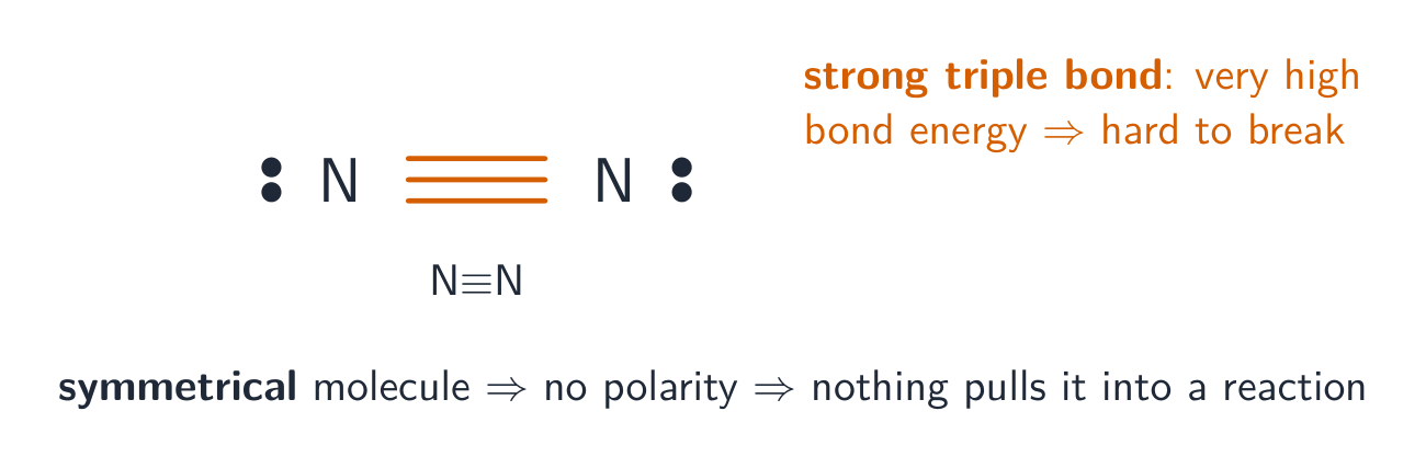 Two nitrogen atoms joined by a triple bond, each with a lone pair, labelled as a strong bond and a symmetrical, non-polar molecule