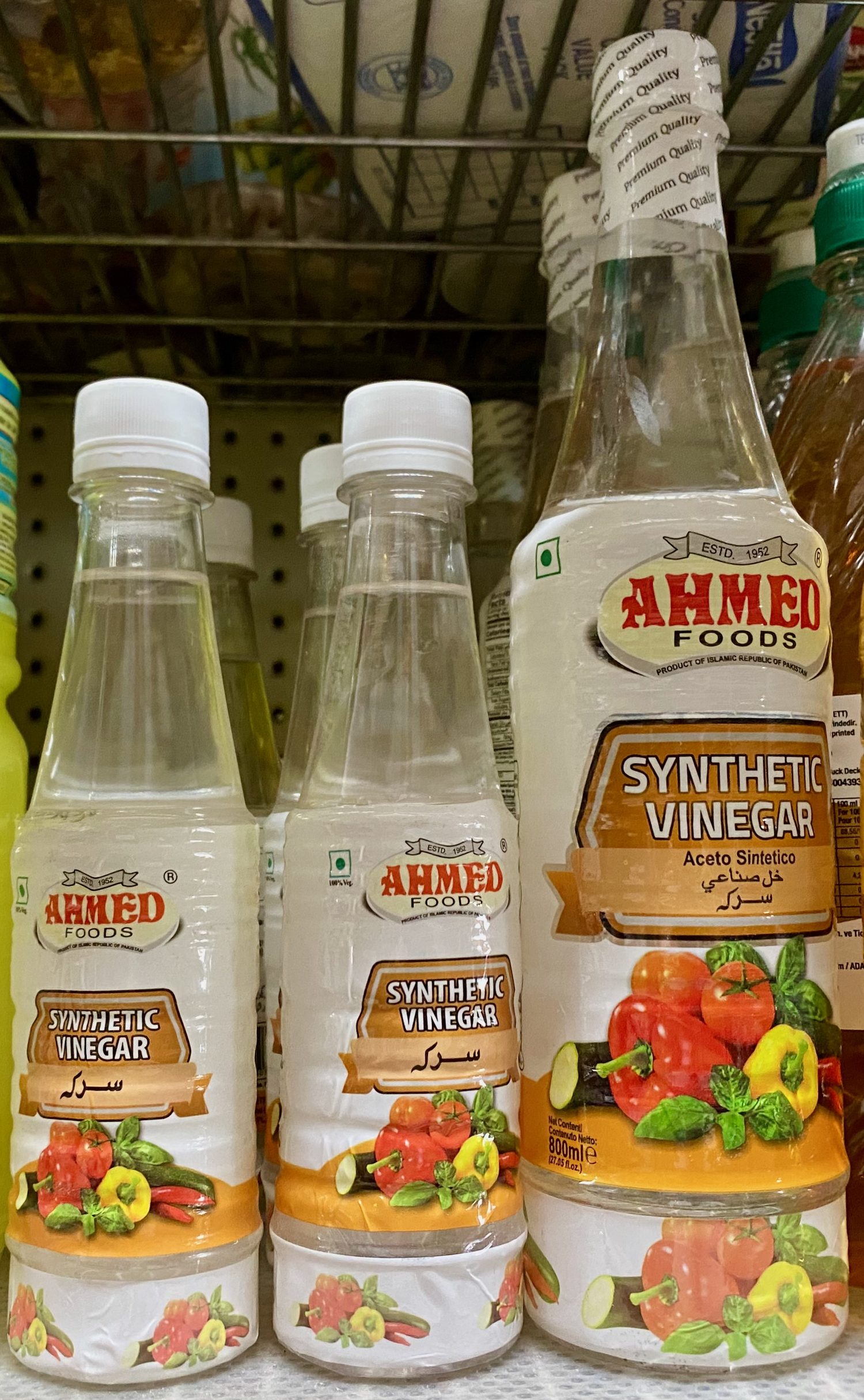 Bottles of vinegar on a shelf