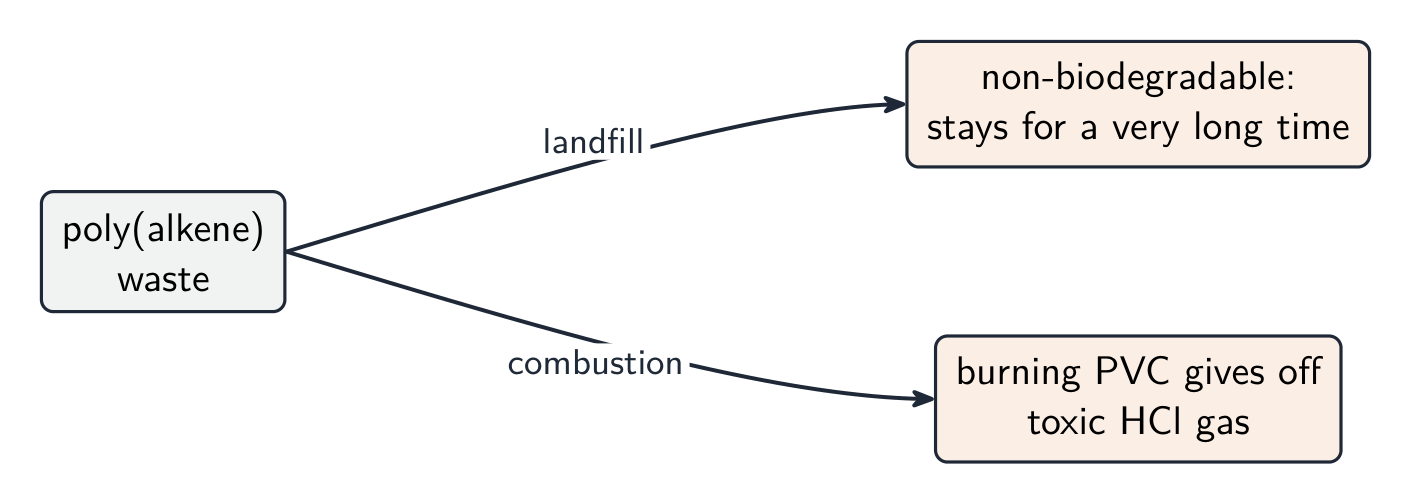A diagram showing poly(alkene) waste leading to two problems: non-biodegradable waste staying in landfill, and burning PVC releasing toxic HCl