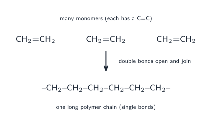 Several ethene monomers, each with a C=C double bond, opening their double bonds and joining end to end into one long polymer chain of single bonds