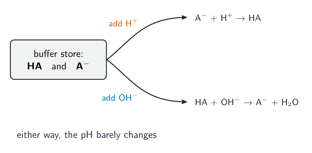 A buffer store of HA and A-, with added H+ removed by A- and added OH- removed by HA