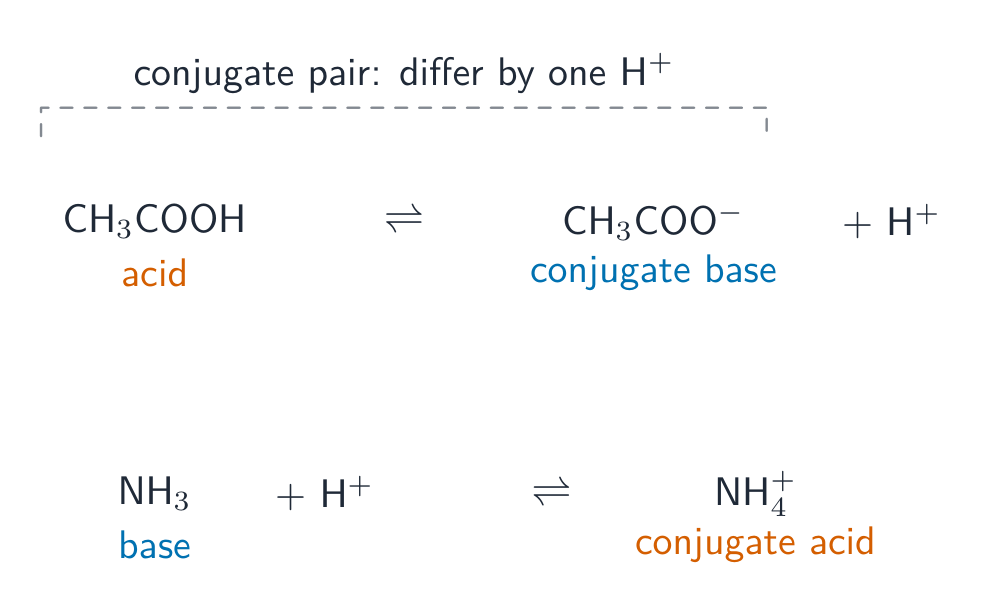 Ethanoic acid losing a proton to its conjugate base, and ammonia gaining a proton to its conjugate acid, with the conjugate pair bracketed