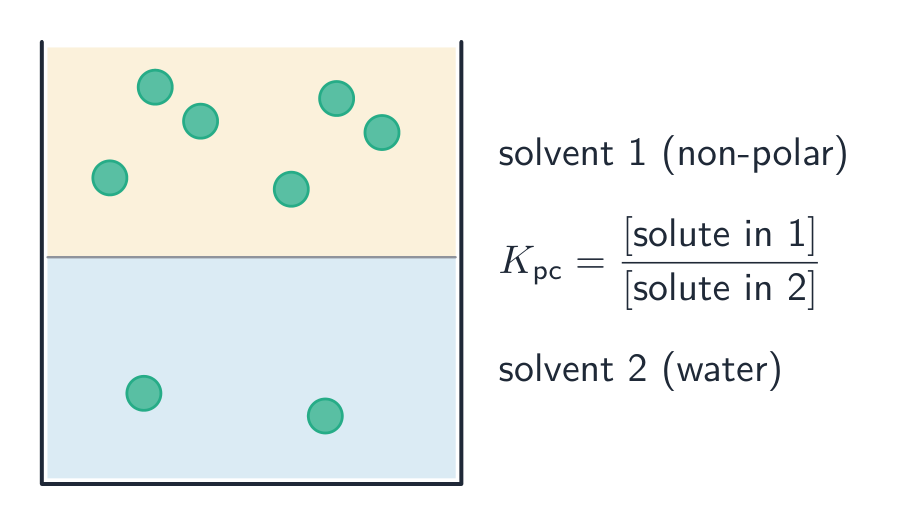 Two immiscible solvent layers with a solute spread between them, more in the non-polar top layer than the water below
