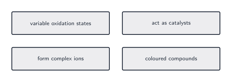 Four properties: variable oxidation states, acting as catalysts, forming complex ions, and coloured compounds