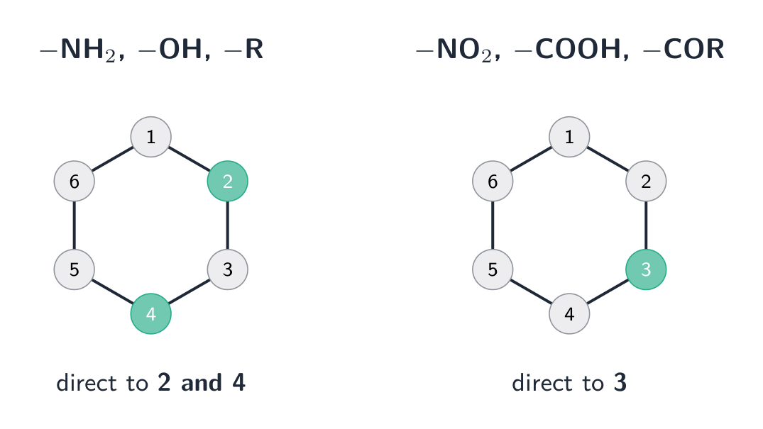 Two numbered benzene rings: one with positions 2 and 4 highlighted for amino, hydroxyl and alkyl groups, the other with position 3 highlighted for nitro, carboxyl and acyl groups