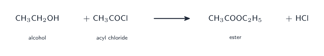 Ethanol reacting with ethanoyl chloride to give the ester ethyl ethanoate and hydrogen chloride