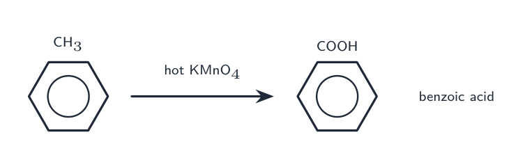 Hot KMnO4 oxidises a methyl side-chain on a ring to a COOH group, giving benzoic acid