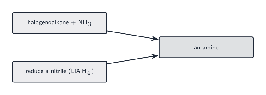 Two routes: a halogenoalkane with ammonia, or reducing a nitrile