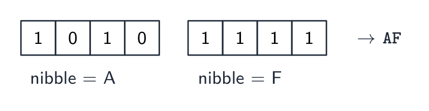 A byte splits into two nibbles; each nibble is one hexadecimal digit