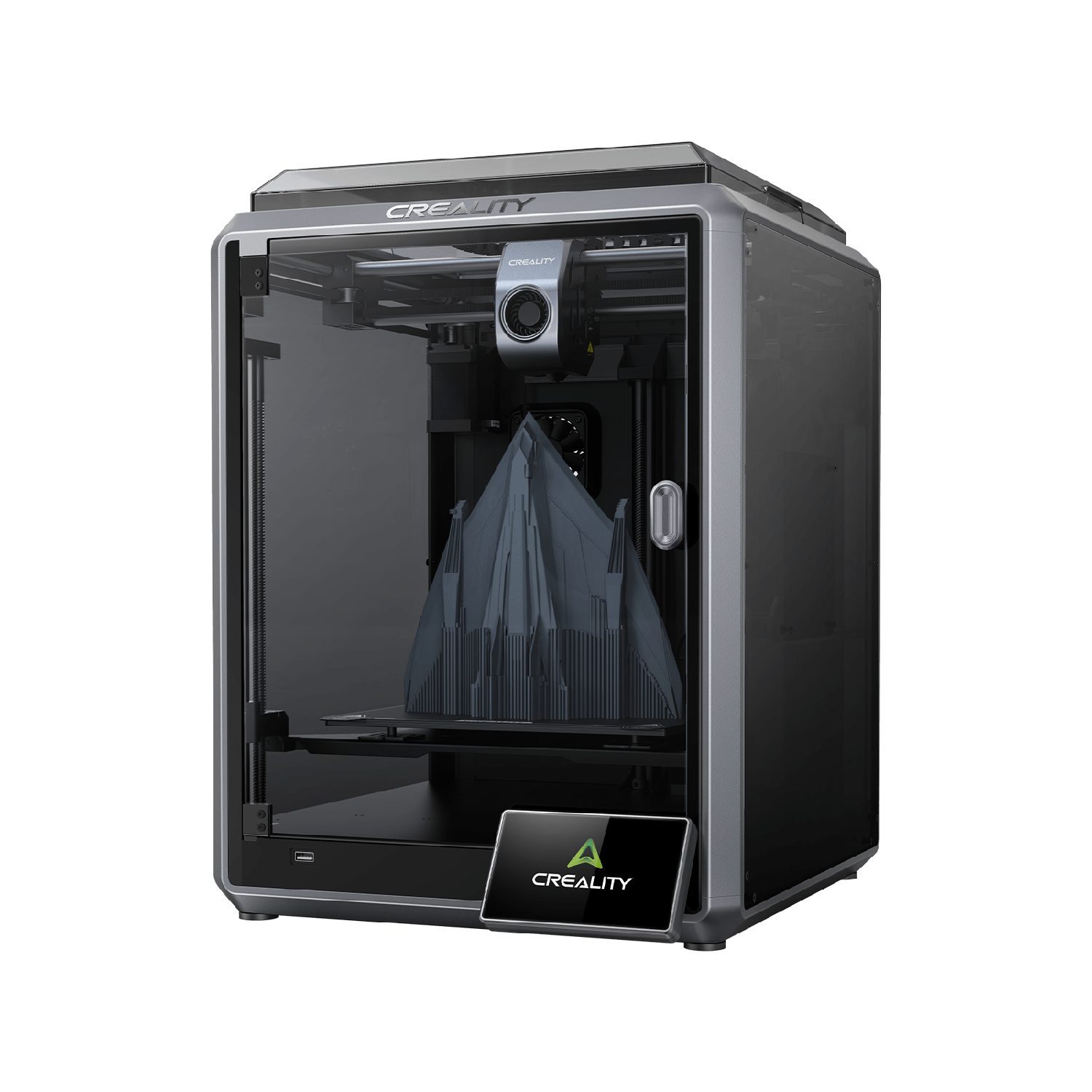 A black enclosed desktop FDM 3D printer with a glass front panel, a part being printed inside, on a white background