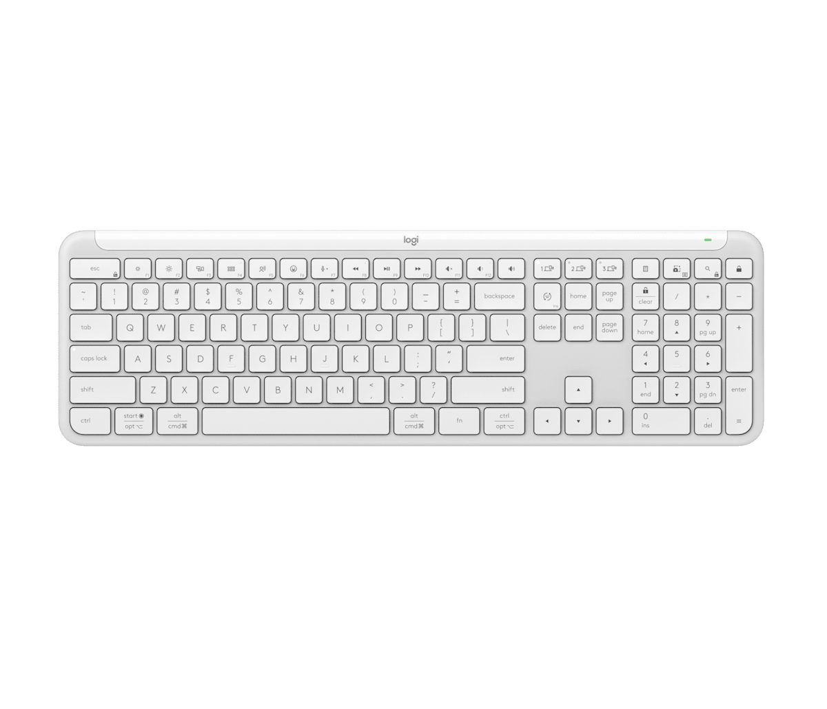A full-size white wireless QWERTY computer keyboard on a white background