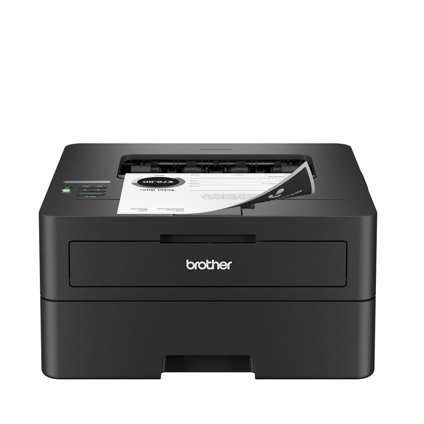A black desktop laser printer on a white background, with a printed page coming out of the top