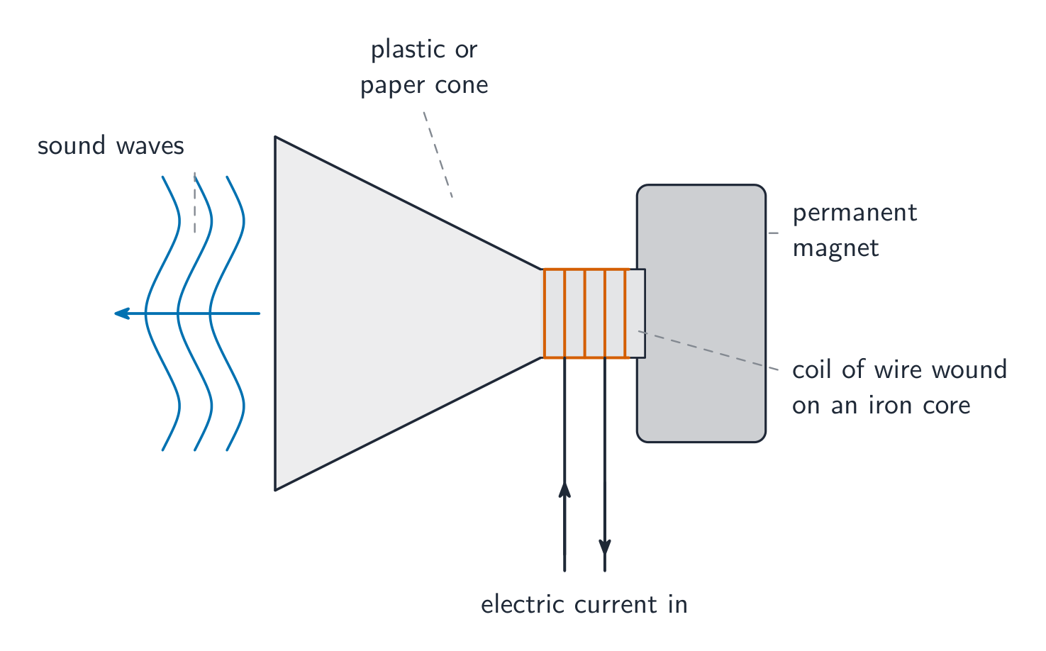 Cutaway of a loudspeaker: current in a coil around an iron core near a permanent magnet moves a paper cone to produce sound waves