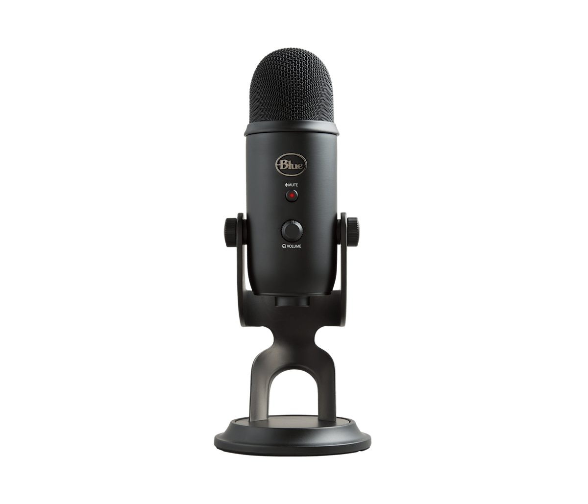 A black USB desktop microphone standing on its base, on a white background