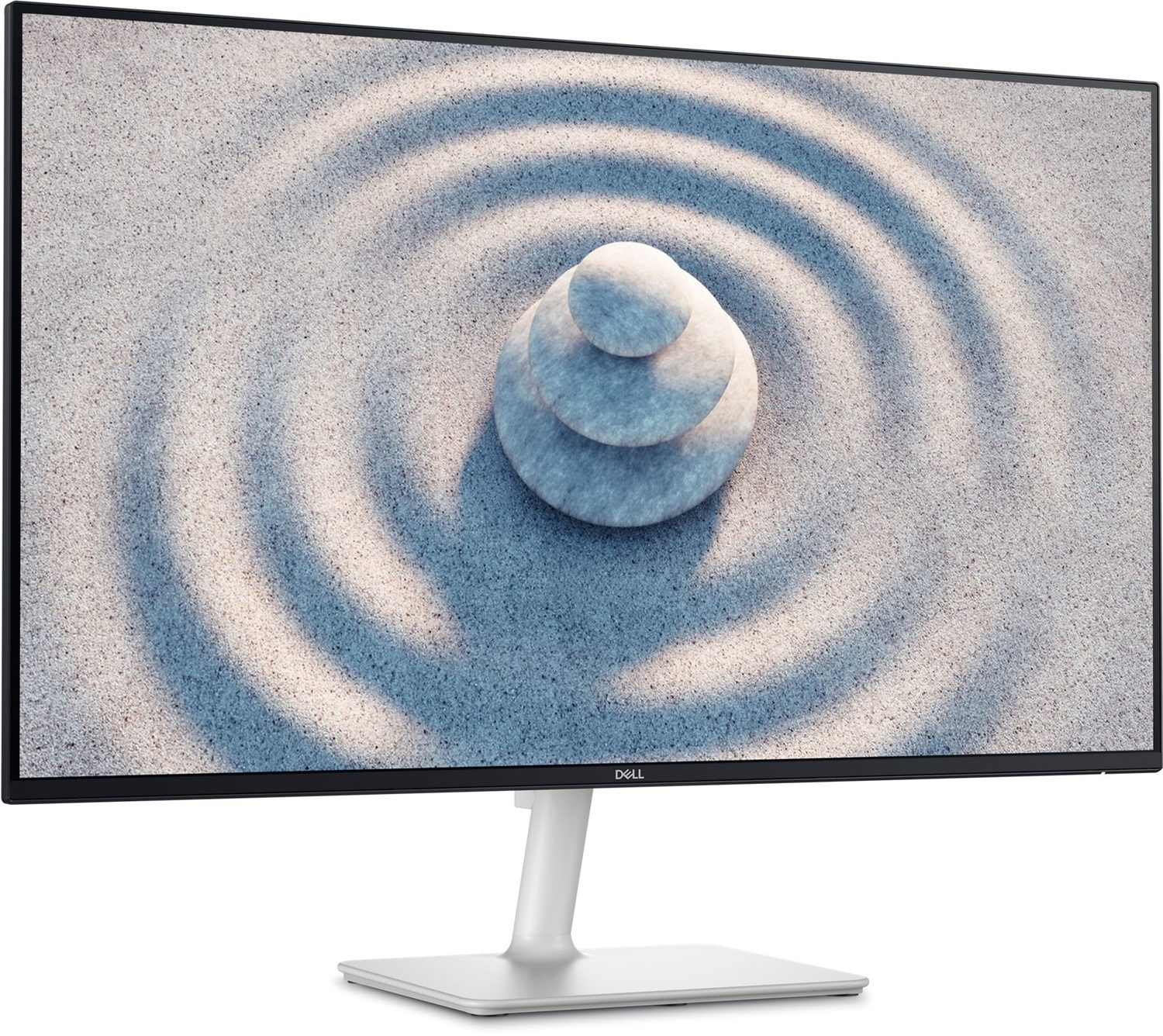 A silver flat-screen computer monitor on a round stand, with a dark screen