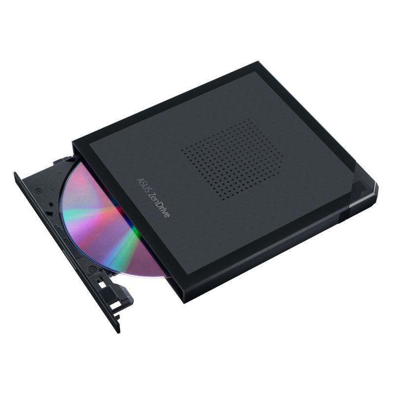 An external optical disc drive on a white background, its tray open with a rainbow-coloured disc loaded
