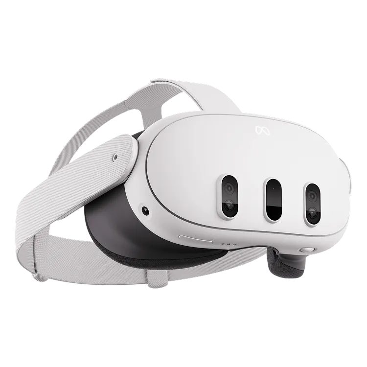 A white virtual reality headset with its head strap and front cameras, on a white background