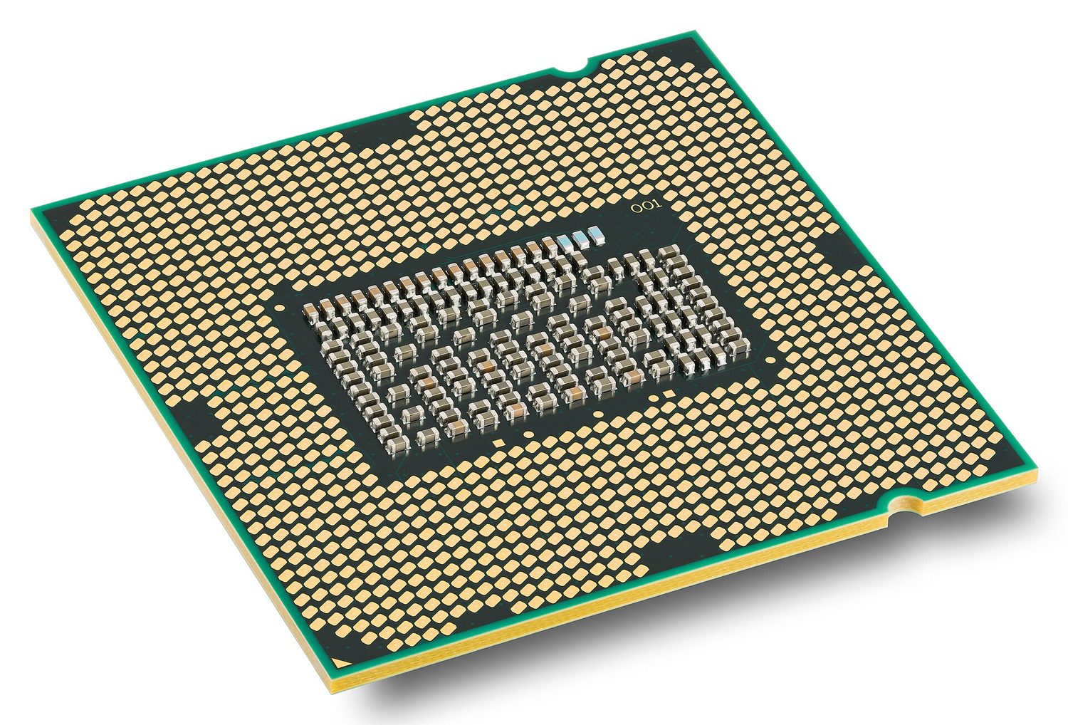 The underside of an Intel CPU chip on a white background, a flat square covered in a grid of hundreds of small gold contact pads that press onto the motherboard socket