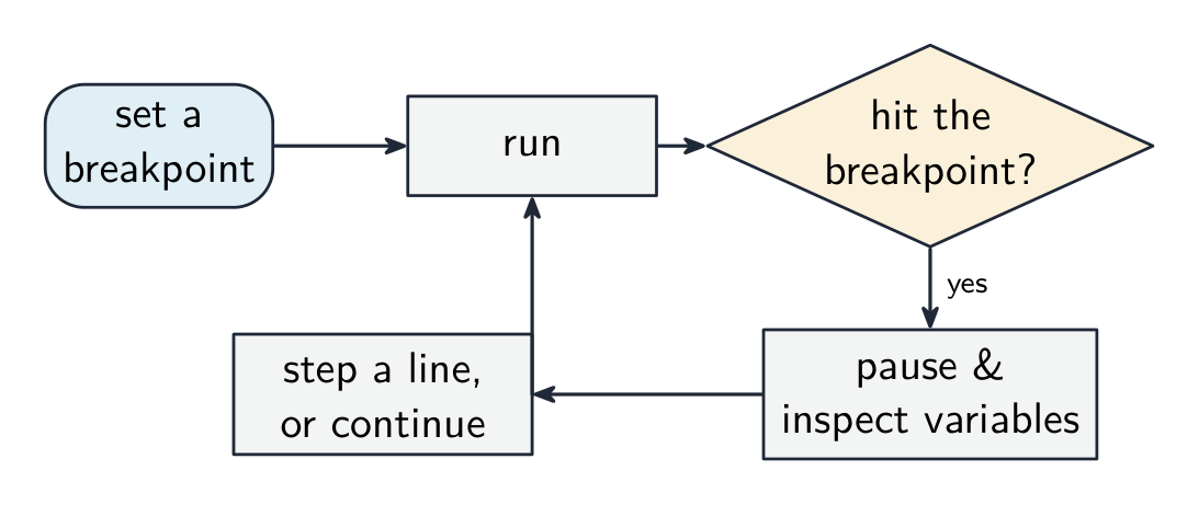 A debugger workflow: set a breakpoint, run the program, and when it reaches the breakpoint it pauses so you can inspect the variables, then step a line at a time or continue