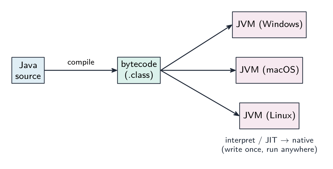 Java source is compiled once into platform-independent bytecode (.class), which a JVM on Windows, macOS or Linux then interprets or JIT-compiles into native code