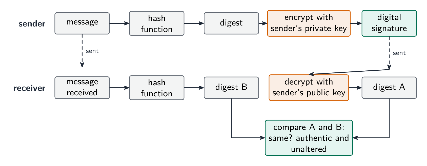 Two lanes: the sender hashes the message into a digest and encrypts the digest with their private key to make the signature, and sends message and signature; the receiver decrypts the signature with the sender's public key to get digest A, hashes the received message to get digest B, and compares them