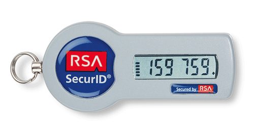 A grey RSA SecurID key-fob security token with an LCD screen showing a six-digit code