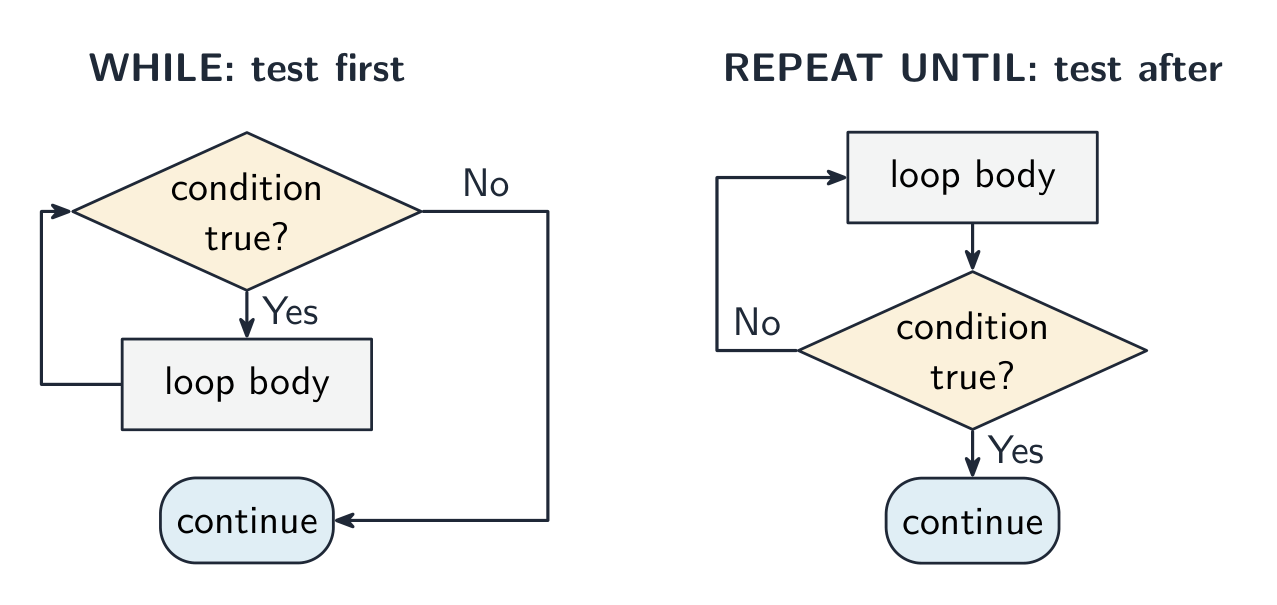 Two flowcharts side by side. WHILE tests the condition first, so the body may never run: the diamond sits above the body and the No branch leaves the loop. REPEAT UNTIL runs the body first and tests after it, so the body always runs at least once: the body sits above the diamond and the No branch returns to it