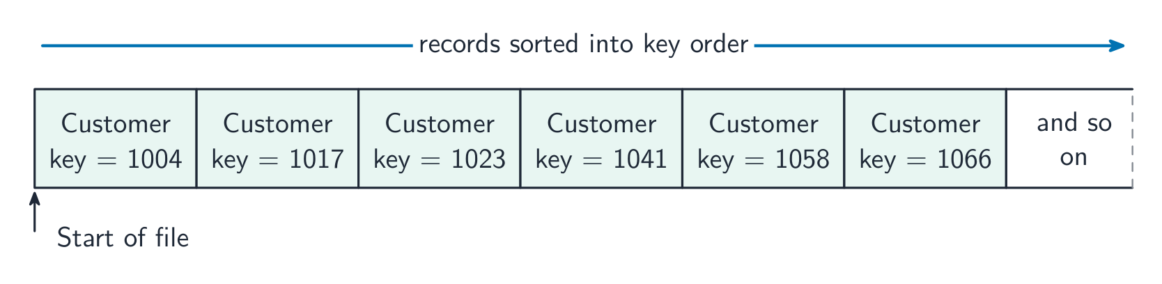 A row of customer record boxes with ascending key values, showing the records sorted into key order