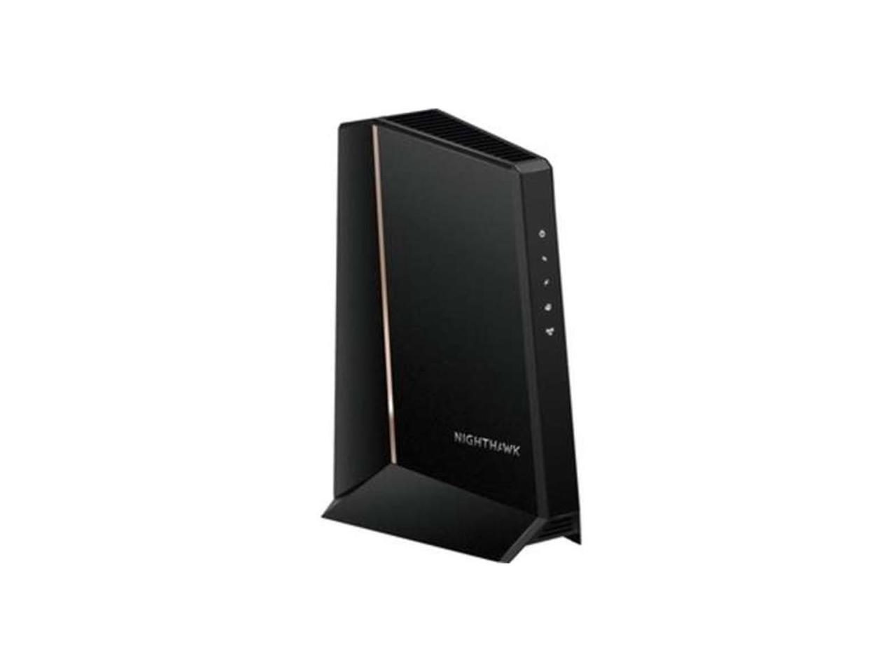 A tall black cable modem standing upright on a plain background, with a column of status lights down its front