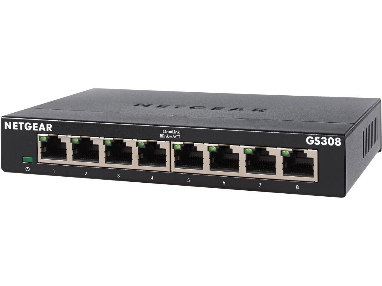 A small black 8-port Gigabit Ethernet switch on a plain background, its numbered RJ45 ports in a row along the front, each with a status light
