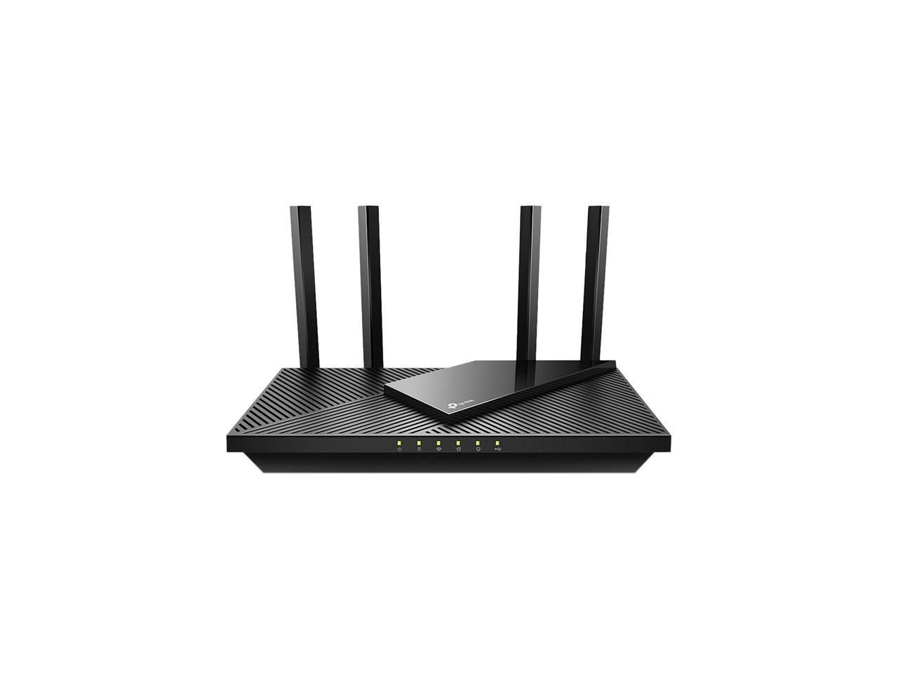 A black home Wi-Fi router with four upright antennas and a row of status lights along the front