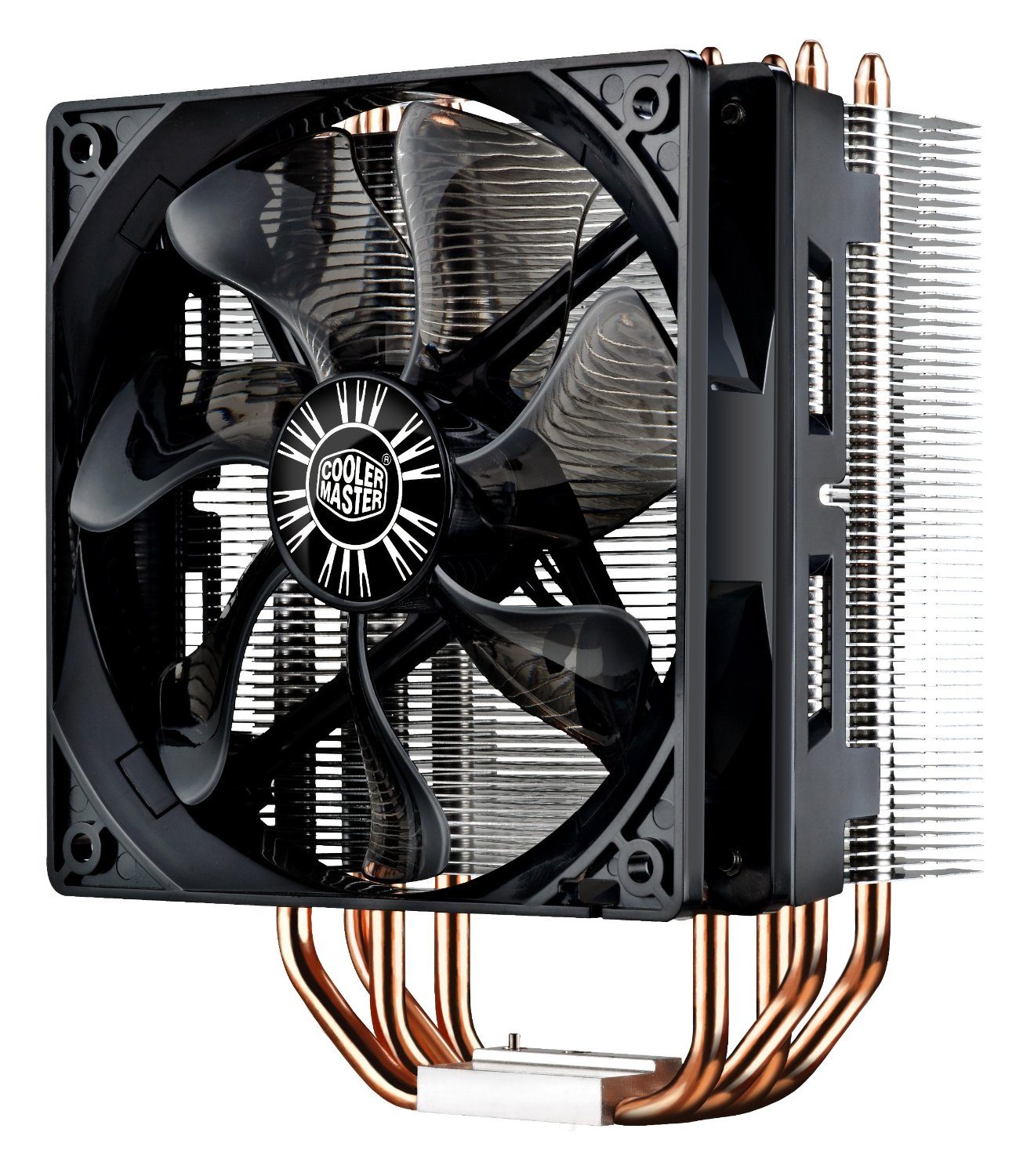 A tower CPU cooler with a black fan in front, a tall stack of thin metal cooling fins, and copper heat-pipes running up from the flat base that touches the processor