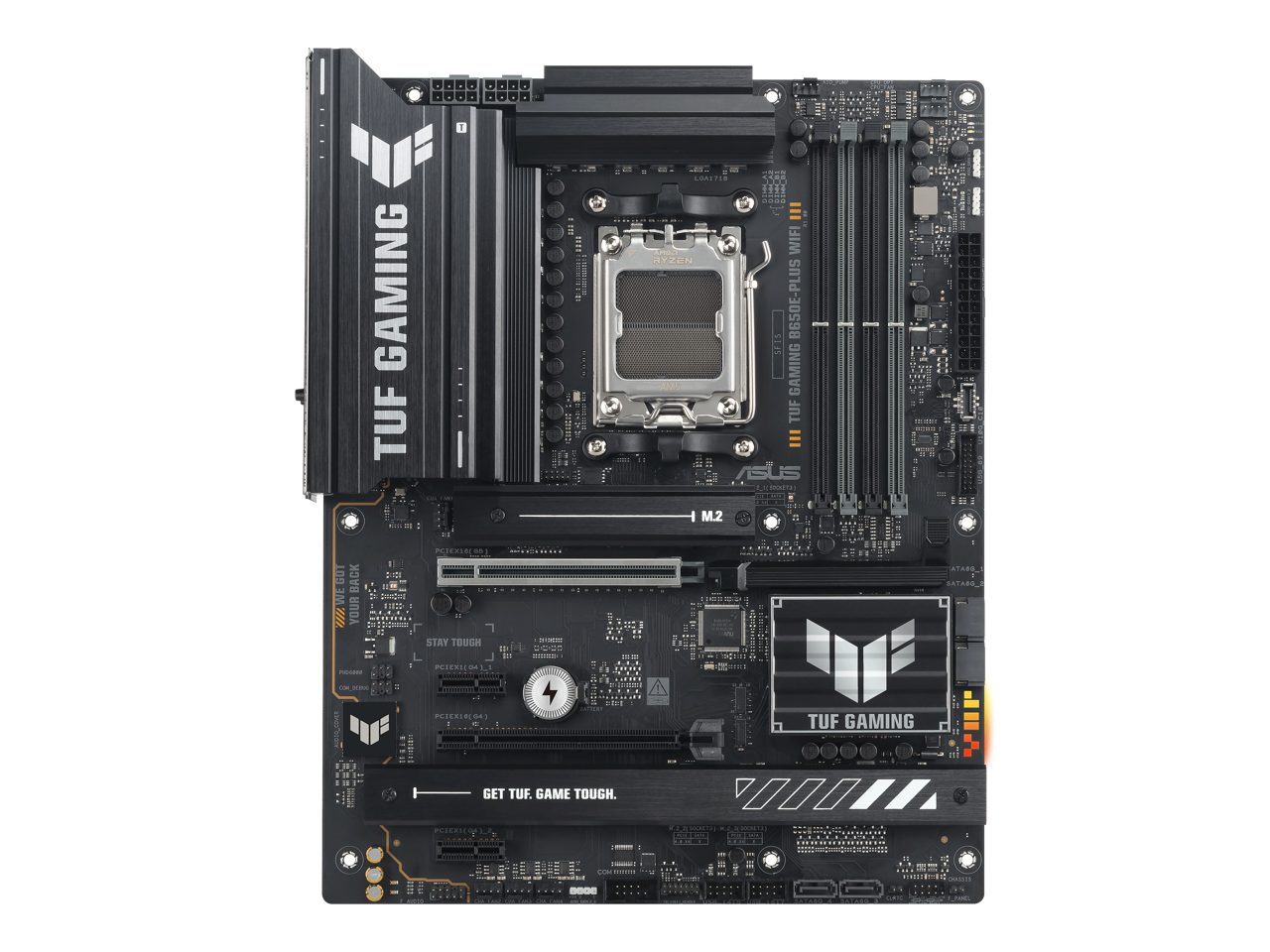 A computer motherboard on a white background, showing the square CPU socket in the middle, the long memory slots, several expansion slots and the rows of I/O ports along one edge