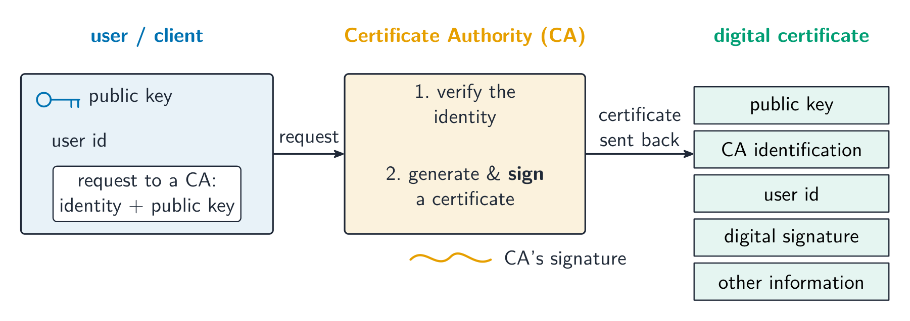 A user sends a request with their identity and public key to a Certificate Authority, which verifies the identity and issues a signed digital certificate containing the public key, CA identification, user id, digital signature and other information