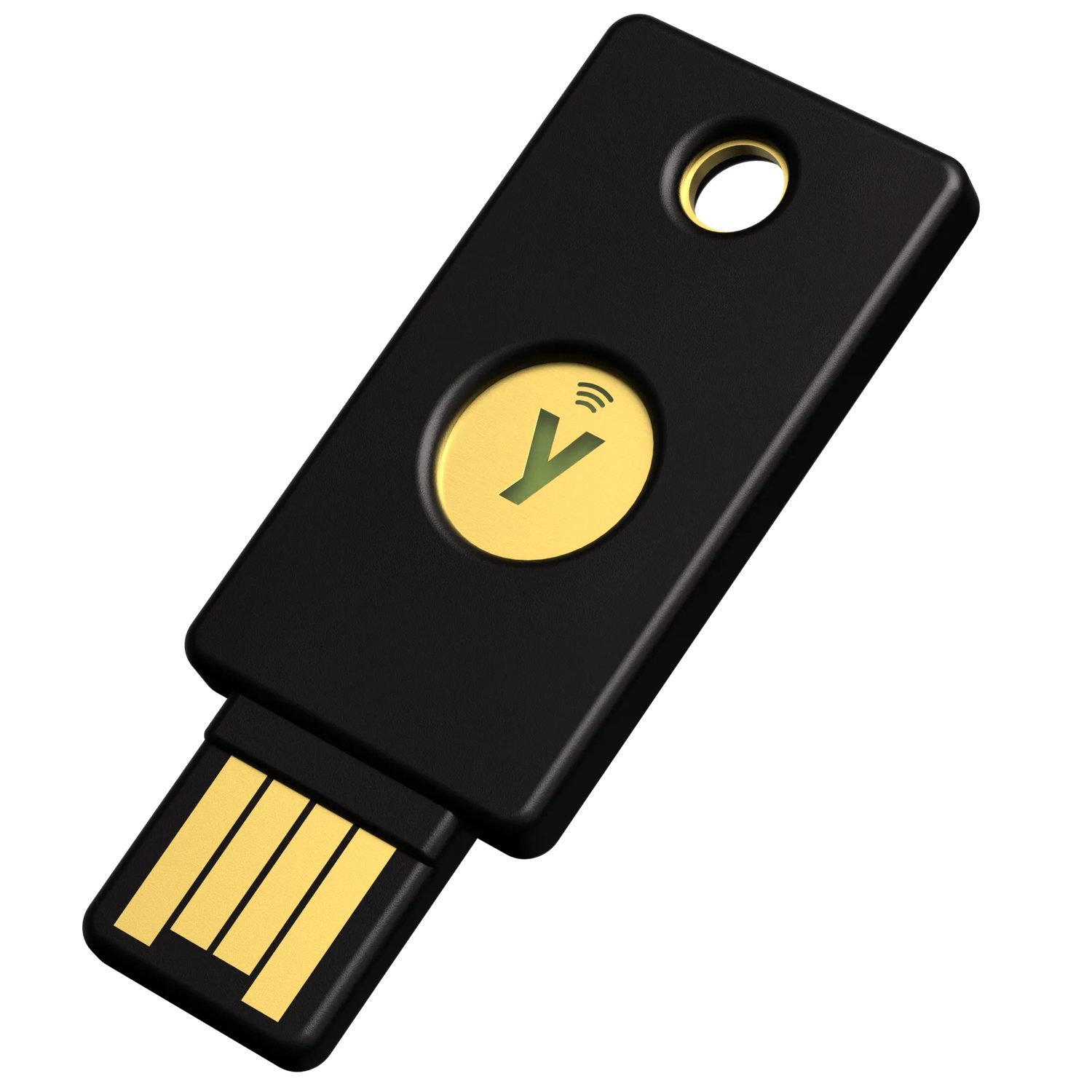 A black hardware security key on a white background, with a round gold touch sensor in the middle and a gold USB connector at one end