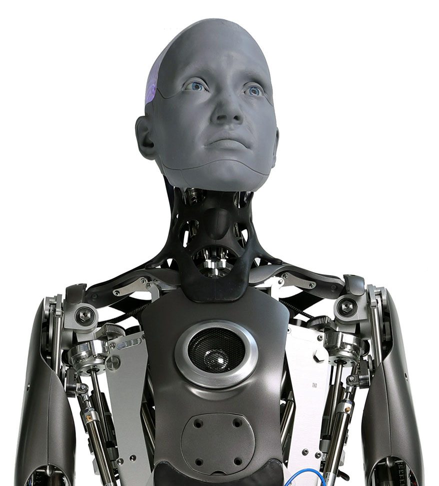 A grey humanoid robot with a lifelike face looking upward, its mechanical neck, chest and arms exposed, on a white background