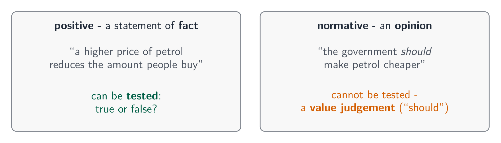Two cards: a positive statement of fact that can be tested true or false, and a normative opinion with should that rests on a value judgement