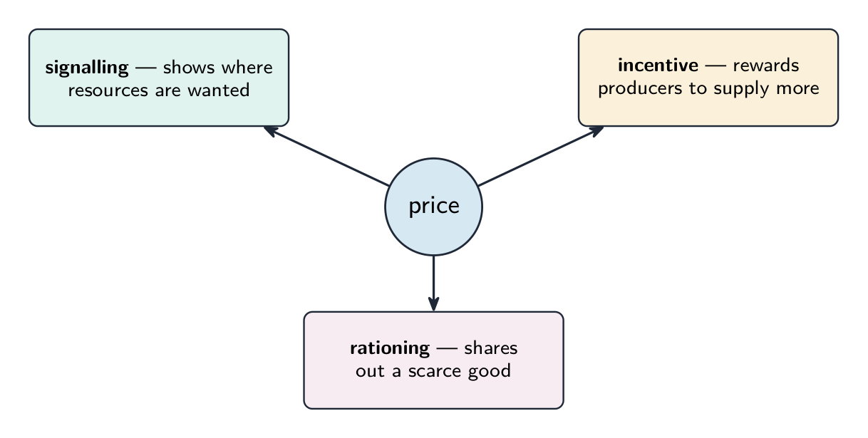 Price at the centre with three jobs around it: signalling (shows where resources are wanted), incentive (rewards producers to supply more) and rationing (shares out a scarce good)