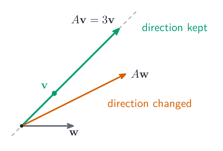 An eigenvector stretched along its own line, beside a general vector turned aside