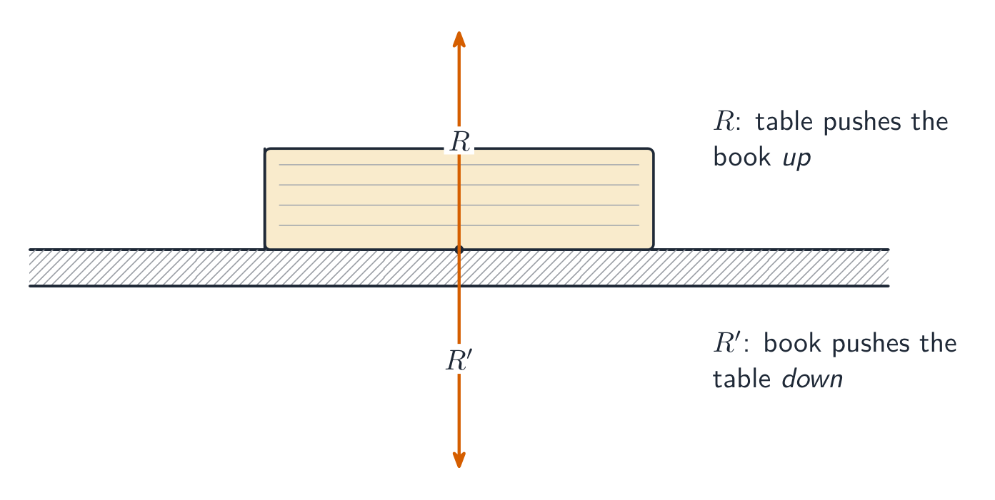 A book on a table with the contact-point arrows: R acting upward on the book (the table pushing the book up) and R-prime acting downward on the table (the book pushing the table down) — equal and opposite forces on different objects