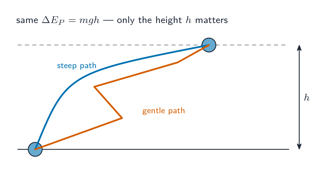 A steep path and a gentle zig-zag path both rise to the same height h; the gain in gravitational PE is mgh either way, because only the height matters