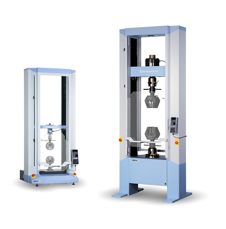 Two modern universal testing machines: a sample is held between two grips on a tall rigid frame, and the machine pulls the grips apart while measuring the force and the extension