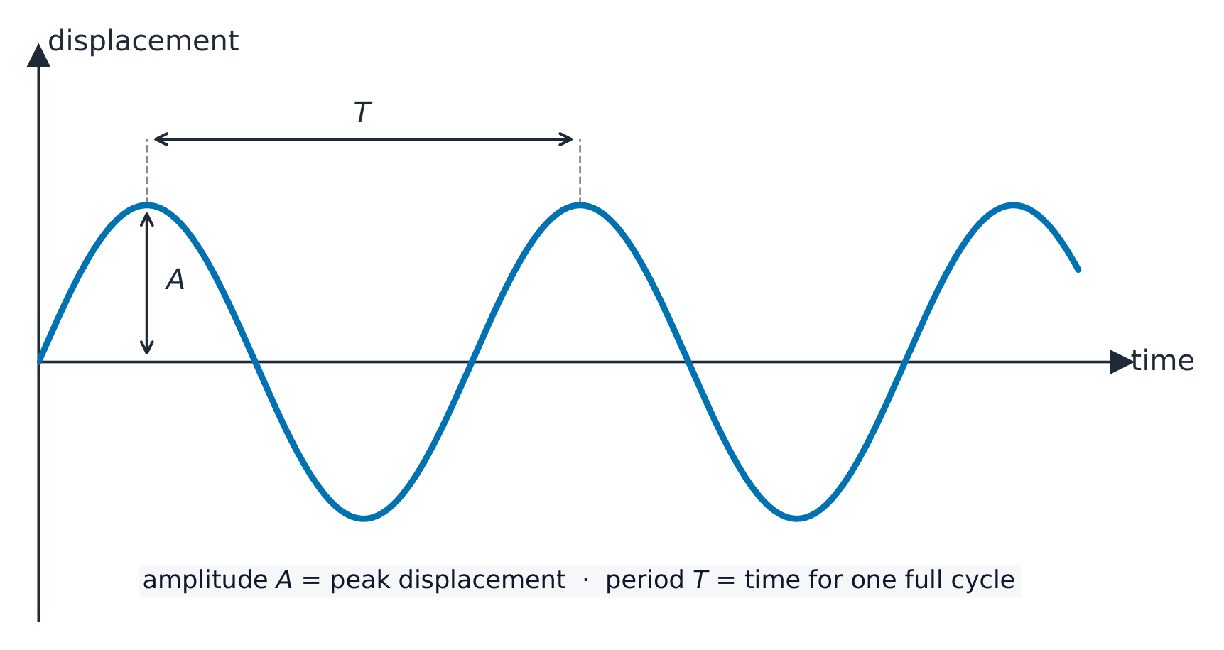 A displacement against time graph drawn as a sine curve, with the amplitude marked from the rest axis to a peak and the period marked between two next-door peaks
