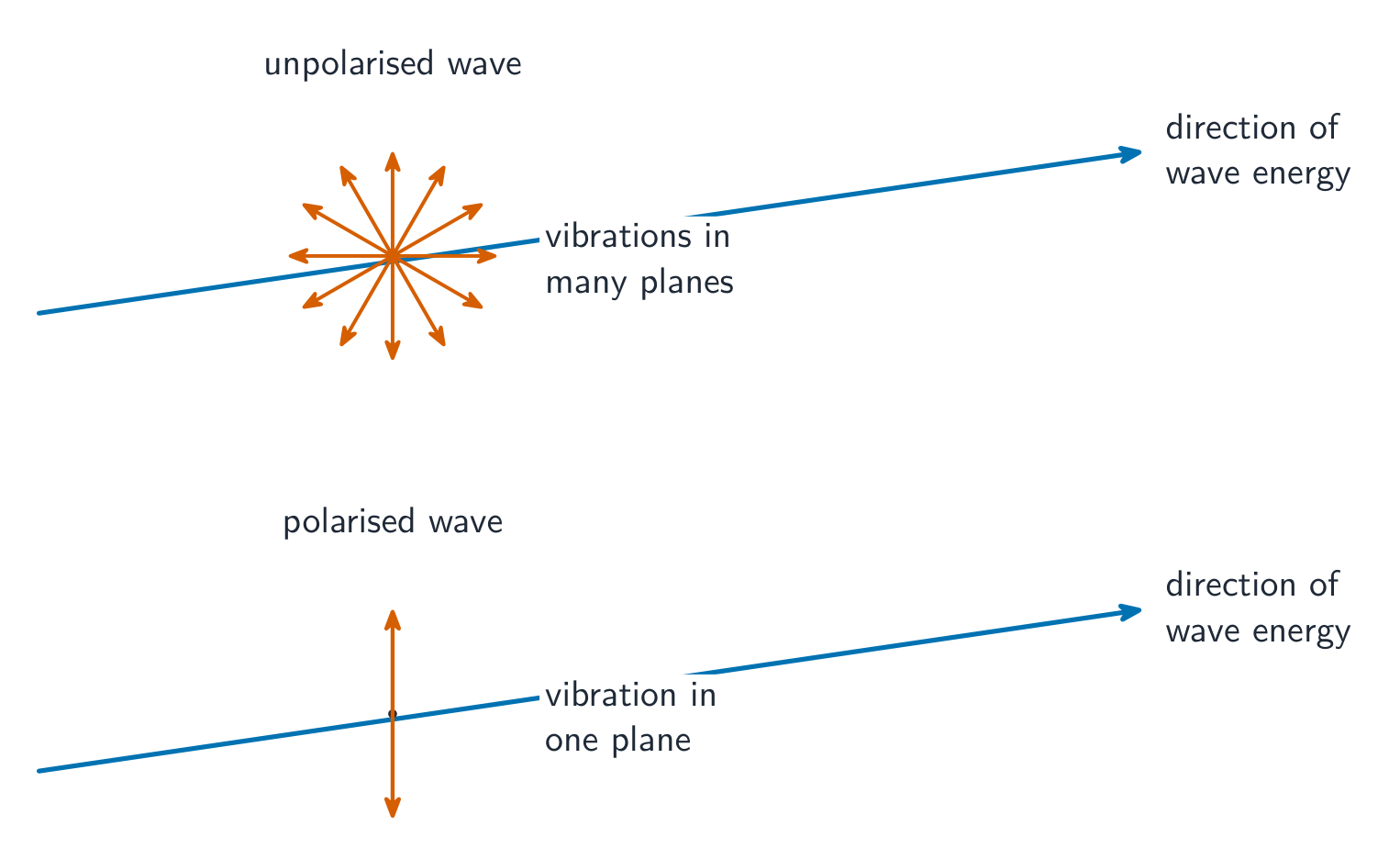 Two diagrams along a direction of wave energy: an unpolarised wave with red vibration double-arrows pointing in many planes, and a polarised wave with a single red double-arrow in one plane